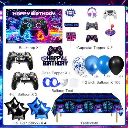 QIYANPAX Video Game Birthday Decorations - Game Birthday Party Decorations Includes Backdrop, Foil Balloons, Tablecloth, Cake Toppers, Balloon Arch Kit for Boy Game Birthday Party - Image 2