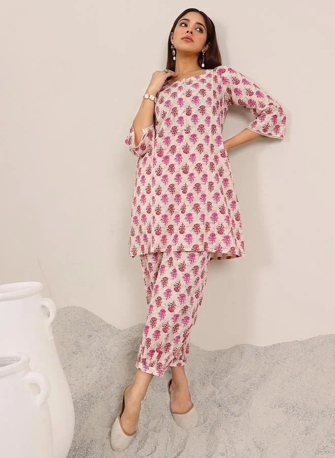 لباس Pink Printed Cotton Top and Pants Co-Ords