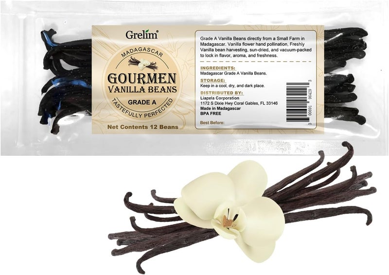 Grelim 12 Madagascar Grade A Vanilla Beans - Whole Pods for Extract and Baking - Image 1
