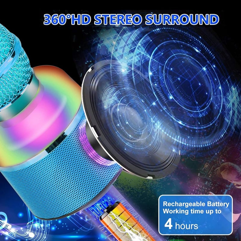 VRJTEC ميكروفون كاريوكي محمول لاسلكي مع مكبر صوت بلوتوث مدمج، جودة صوت واضحة، مسجل، أضواء ملونة ووقت تشغيل طويل، ميكروفون قابل لإعادة الشحن للغناء، الحفلات، الخطابات (اللون - أزرق) - Image 3