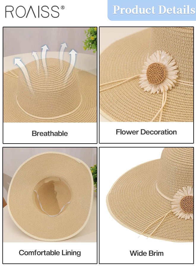 roaiss 2 Pcs Straw Hat and Straw Bag Set, Wide Brim Sun Hat with Flower Decoration, Summer Outdoor Foldable UV Protection Beach Hat Crossbody Vacation Beach Bag for Women - Image 5