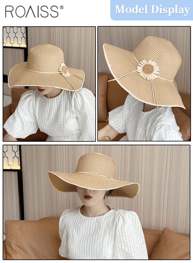 roaiss 2 Pcs Straw Hat and Straw Bag Set, Wide Brim Sun Hat with Flower Decoration, Summer Outdoor Foldable UV Protection Beach Hat Crossbody Vacation Beach Bag for Women - Image 2
