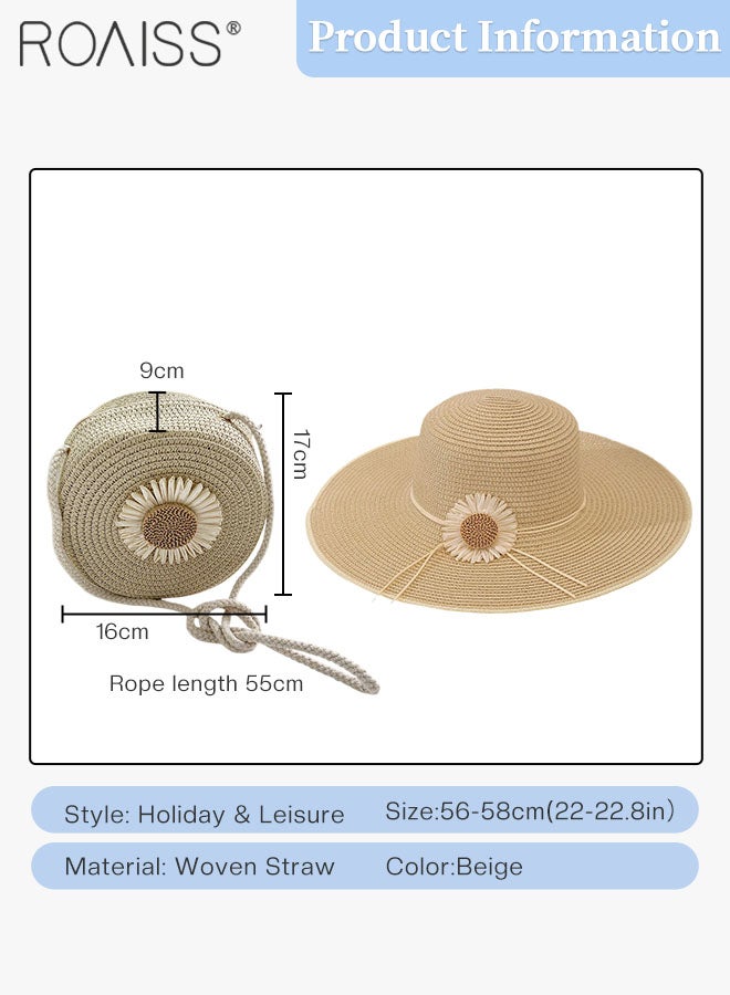 roaiss 2 Pcs Straw Hat and Straw Bag Set, Wide Brim Sun Hat with Flower Decoration, Summer Outdoor Foldable UV Protection Beach Hat Crossbody Vacation Beach Bag for Women - Image 4