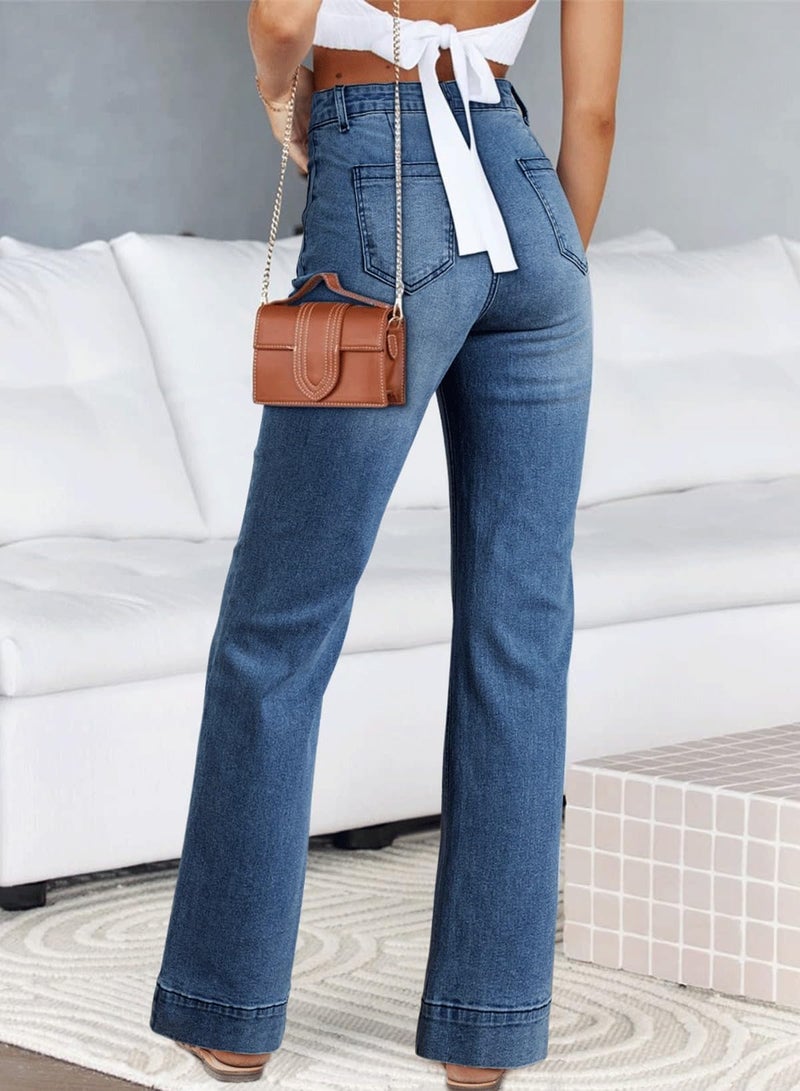 Astylish Straight Leg Jeans for Women High Waisted Stretchy Loose Denim Pants Casual Baggy Jean Trousers with Patch Pockets Size 18 Dusk Blue - Image 2