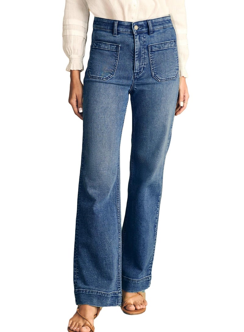 Astylish Straight Leg Jeans for Women High Waisted Stretchy Loose Denim Pants Casual Baggy Jean Trousers with Patch Pockets Size 18 Dusk Blue - Image 1