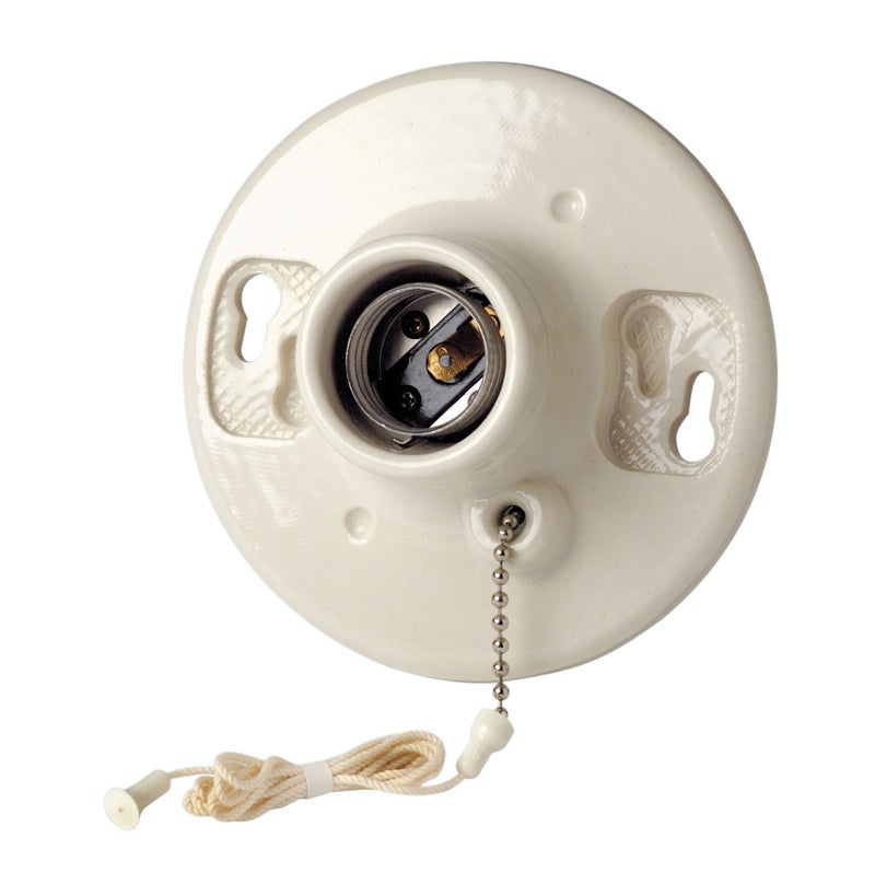 Leviton One-Piece Glazed Porcelain Outlet Box Mount, Incandescent Lampholder, Pull Chain, 29816-C, White