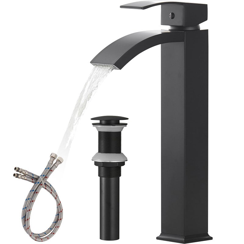 Greenspring Matte Black Bathroom Vessel Sink Faucet Waterfall Bathroom Faucets Tall Spout Single Handle Single Hole Bathroom Faucets with Pop Up Drain and Without Overflow Basin Faucet Supply Line