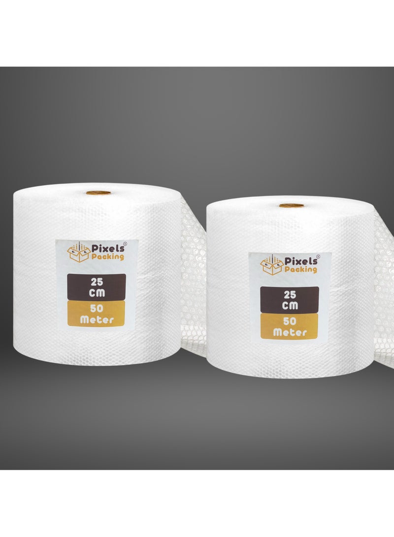 PixelsPackaging 2 rolls of transparent bubble wrap from PixelsPackaging, 25 cm wide × 50 meters long, multi-purpose for packaging, shipping, wrapping, and transportation. - Image 1