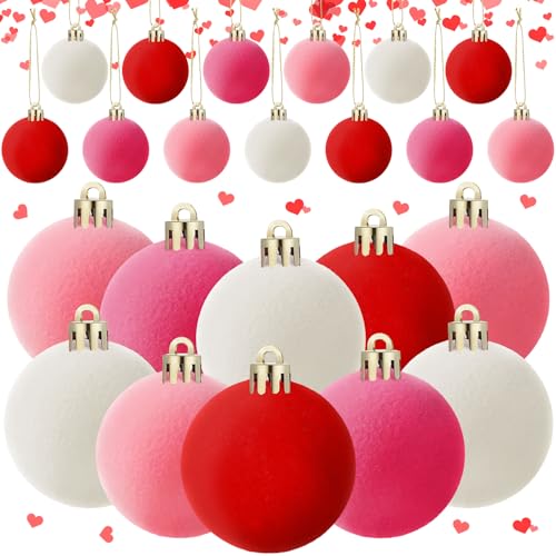 Menkxi 24 Pcs 2 Inch Valentines Day Hanging Ball Ornament Valentine Velvet Ball Ornament for Tree Pink Red White Decorative Hanging Velvet Plastic Ornaments for Valentine Holiday Party DecorSweet Color - Image 1