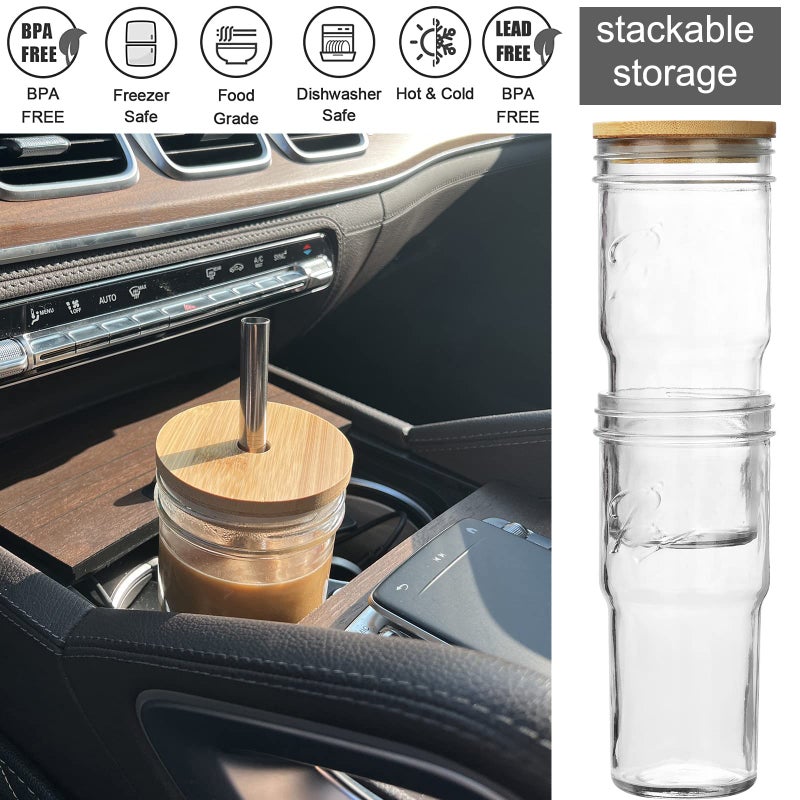 ALINK 4-Pack Glass Cups with Bamboo Lids and Straws, 24 OZ Mason Jar Glass Tumbler, Reusable Boba Cups, Iced Coffee Drinking Glasses for Bubble Tea, Smoothies, Juice - 2 Cleaning Brush - Image 3