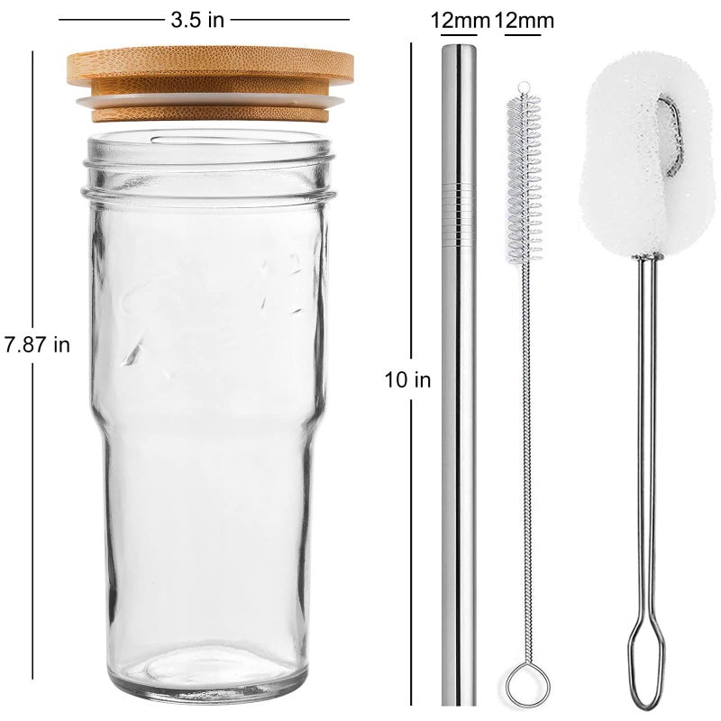 ALINK 4-Pack Glass Cups with Bamboo Lids and Straws, 24 OZ Mason Jar Glass Tumbler, Reusable Boba Cups, Iced Coffee Drinking Glasses for Bubble Tea, Smoothies, Juice - 2 Cleaning Brush - Image 2