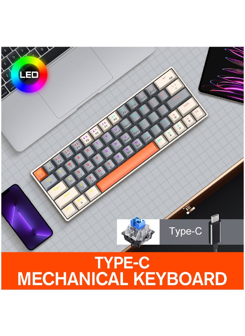 T-WOLF - 63 Keys Wired Mechanical Gaming Keyboard Rgb Backlit Ultra Compact Mini Keyboard Waterproof Mini Compact 63 Keys Keyboard For PC Mac Gamer Typist Travel Easy Grey-White - Image 1