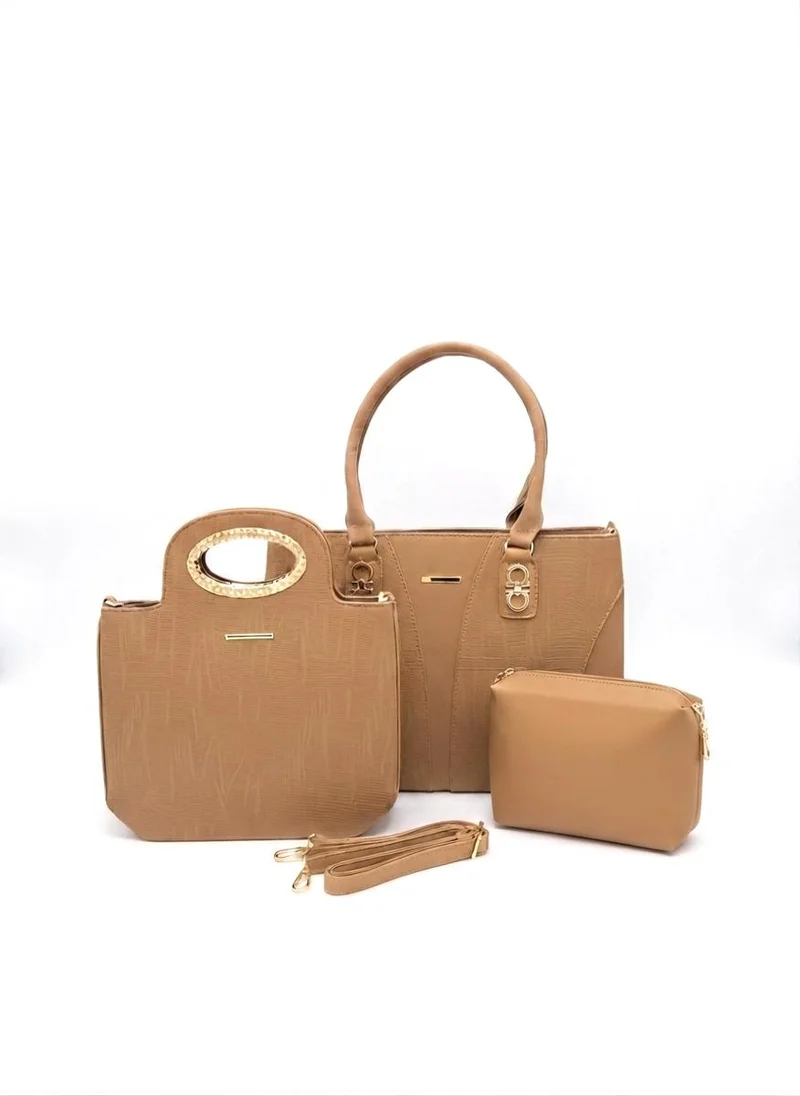 Viny Viny Women's 3-Piece Tote Bag Set – Faux Leather Everyday Handbag with Detachable Strap – Apricot, Blue, Brown, Grey, Tan
