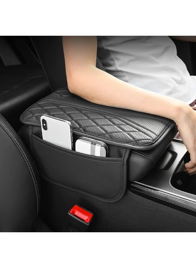 1pc Black Pu Leather Car Armrest Cushion With Side Storage Pocket Vehicle Interior Accessory Durable Armrest Pad - Image 1