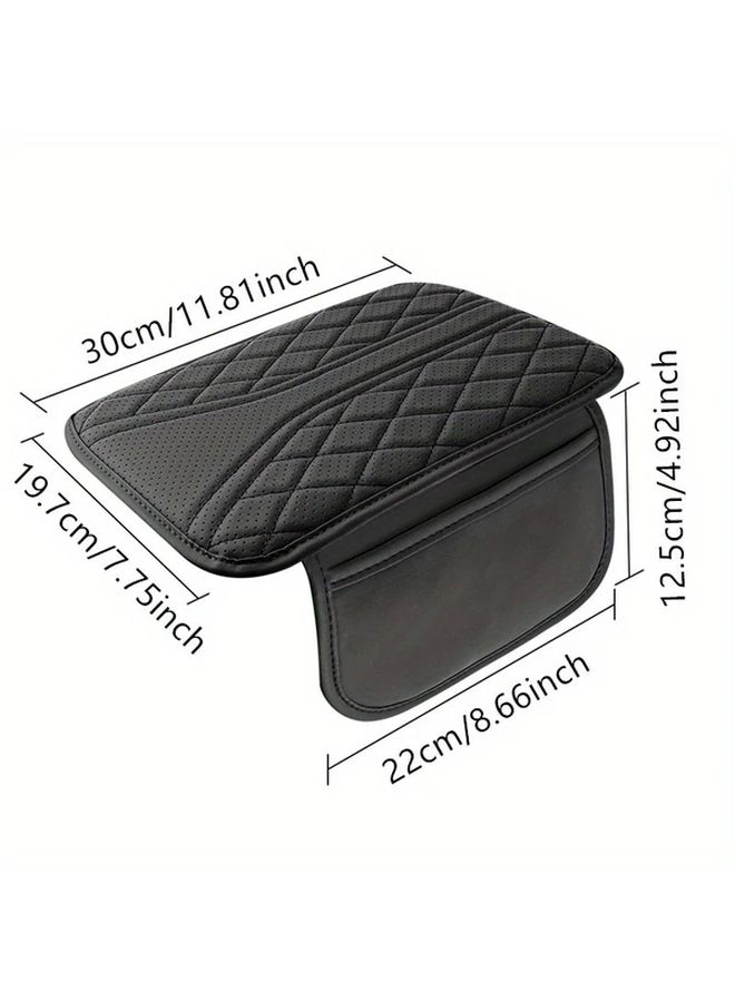 1pc Black Pu Leather Car Armrest Cushion With Side Storage Pocket Vehicle Interior Accessory Durable Armrest Pad - Image 2