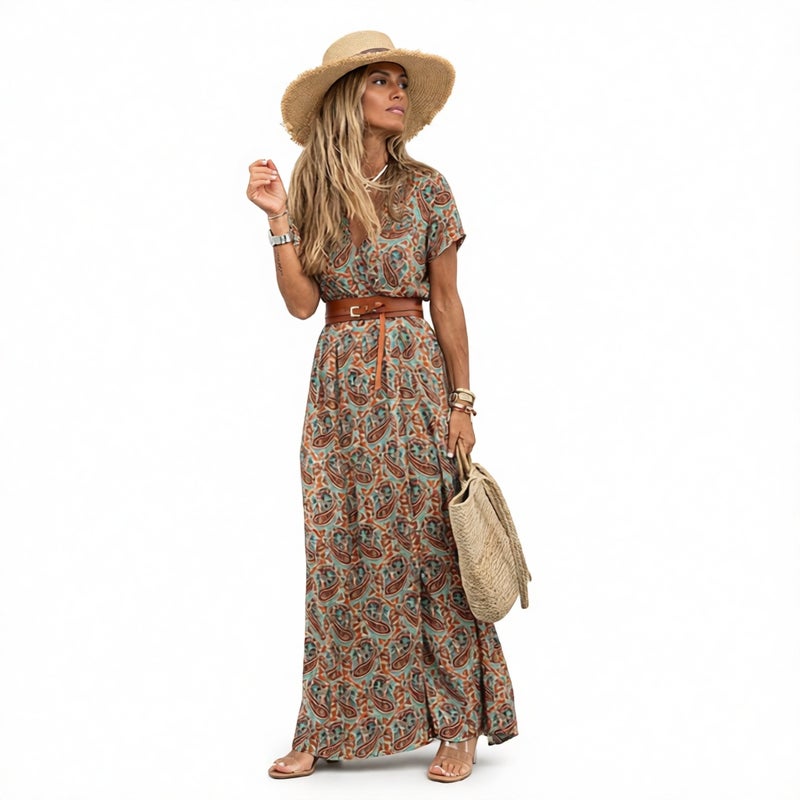 Women's Bohemian V-Neck Floral Print Short Sleeve Dress - Image 1