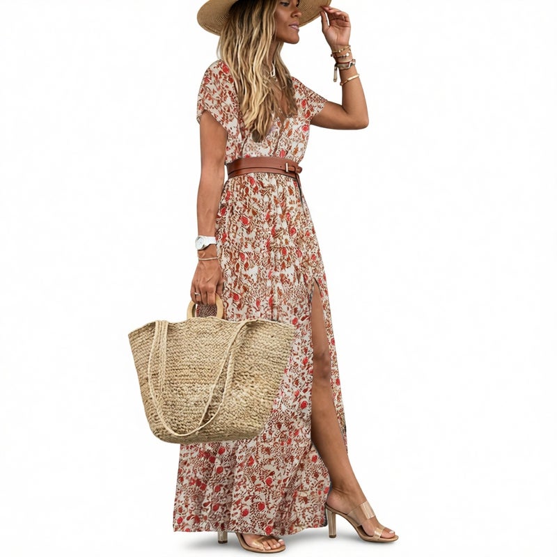 Women's Bohemian V-Neck Floral Print Short Sleeve Dress - Image 4