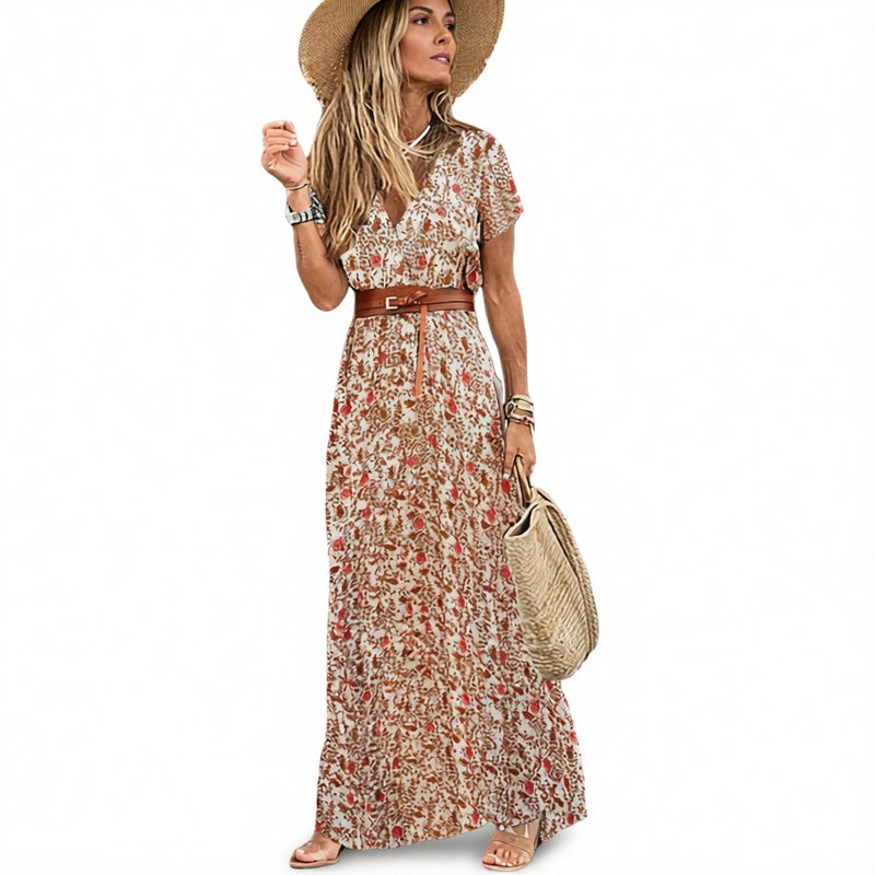 Women's Bohemian V-Neck Floral Print Short Sleeve Dress - Image 5