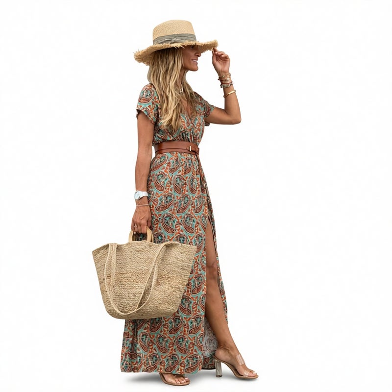 Women's Bohemian V-Neck Floral Print Short Sleeve Dress - Image 3
