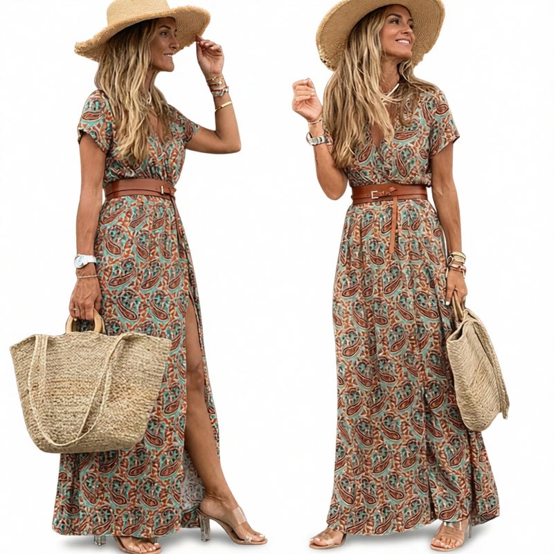 Women's Bohemian V-Neck Floral Print Short Sleeve Dress - Image 2