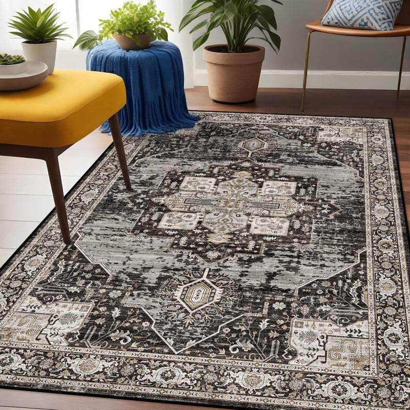 RUUGME Washable 3x5 Area Rug - Soft Area Rugs for Living Room Stain Resistant Carpet Vintage Lightweight Rugs for Bedroom Kitchen entryway with Non Slip Backing Home Decor Small Mat 3X5 Black - Image 1
