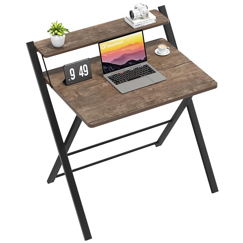 GreenForest Foldable Desk No Assembly RequiredSmall Desk with Monitor ShelfComputer Desk for Small SpaceBrown