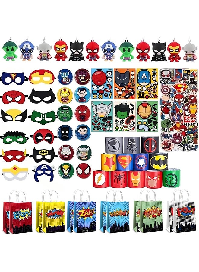 بيوينتي حزب المواد مجموعة هدية عيد ميلاد بطل خارق تشمل أقنعة بطل خارق (12 قطعة) ، 12 أسوار صفعة ، 12 ملصقات وجه بطل خارق ، 12 بروش ، 12 سلاسل مفاتيح ، 12 كيس هدايا و 50 قطعة ملصقات (122PC) - Image 1