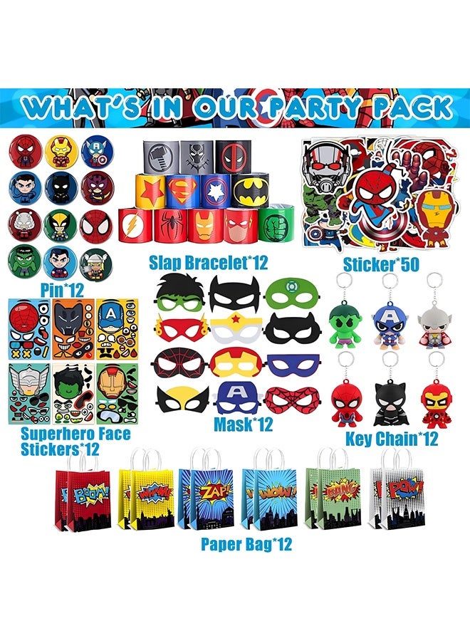 بيوينتي حزب المواد مجموعة هدية عيد ميلاد بطل خارق تشمل أقنعة بطل خارق (12 قطعة) ، 12 أسوار صفعة ، 12 ملصقات وجه بطل خارق ، 12 بروش ، 12 سلاسل مفاتيح ، 12 كيس هدايا و 50 قطعة ملصقات (122PC) - Image 2
