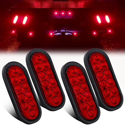 Partswcgg 4Pcs 6 Inch Oval LED Trailer Tail Lights 10 Diodes, Red Trailer Truck Sealed RED 6" Oval LED Stop Turn Tail Light Brake Lights Flush Mount w/Rubber Grommets 3-Prong Wire Pigtails Waterproof - Image 1