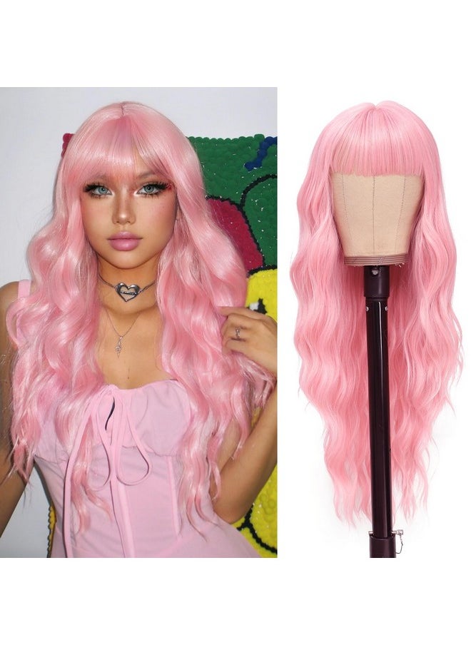 Pink Wigs With Bangs For Women Long Curly Wavy Hair Wigs Heat Resistant Synthetic Fiber Wigs For Daily Party Use 26 Inches (Pink) - pzsku/Z67BBC1AFB2BB0978264FZ/45/_/1734182982/2ec9278d-c18d-4b16-bc7f-cbde90223108