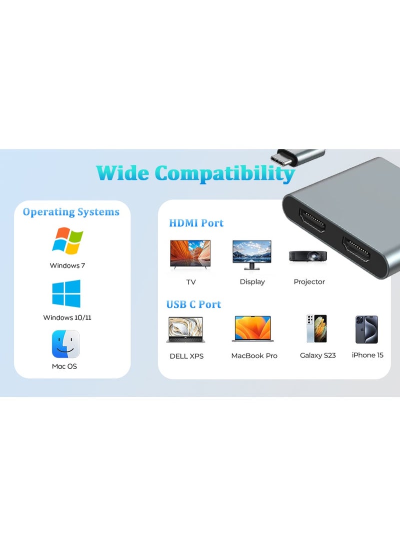 محول USB C إلى HDMI مزدوج، مع محطة توصيل HDMI بدقه 4K@60Hz، مزيل توصيل Type C إلى HDMI لشاشتين، مناسبة لحواسيب MacBook Air/Pro، Dell، HP، Lenovo، Chromebook، Surface USB Type C. - Image 3