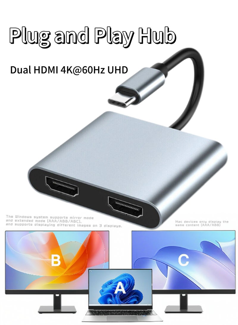 محول USB C إلى HDMI مزدوج، مع محطة توصيل HDMI بدقه 4K@60Hz، مزيل توصيل Type C إلى HDMI لشاشتين، مناسبة لحواسيب MacBook Air/Pro، Dell، HP، Lenovo، Chromebook، Surface USB Type C. - Image 1
