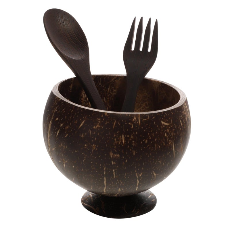 Natural Coconut Shell Bowl Set With Wooden Spoon Fork Eco Friendly Food Storage Container - Image 2