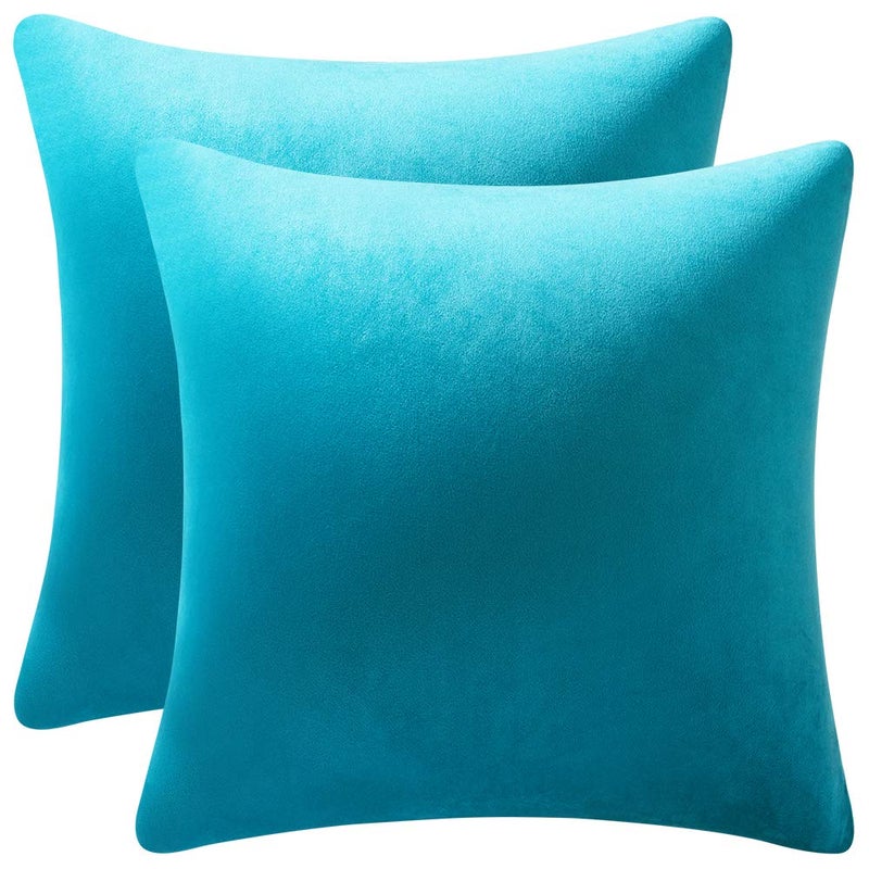 DEZENE Throw Pillow Cases 22x22 Turquoise 2 Pack Cozy Soft Velvet Square Decorative Pillow Covers for Farmhouse Home Decor