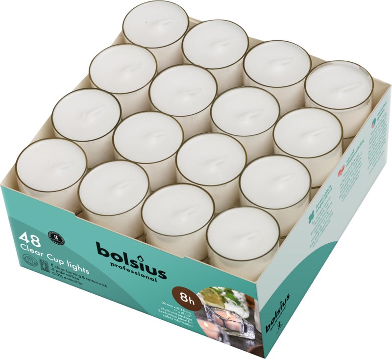 BOLSIUS 48 Unscented Tea Lights in Clear Cups - 8 Burn Hours - Premium European Quality - Consistent Smokeless Flame - 100% Cotton Wick - Dinner, Wedding, Party, Spa, Church, & Home DÃ©cor Tealights - Image 1