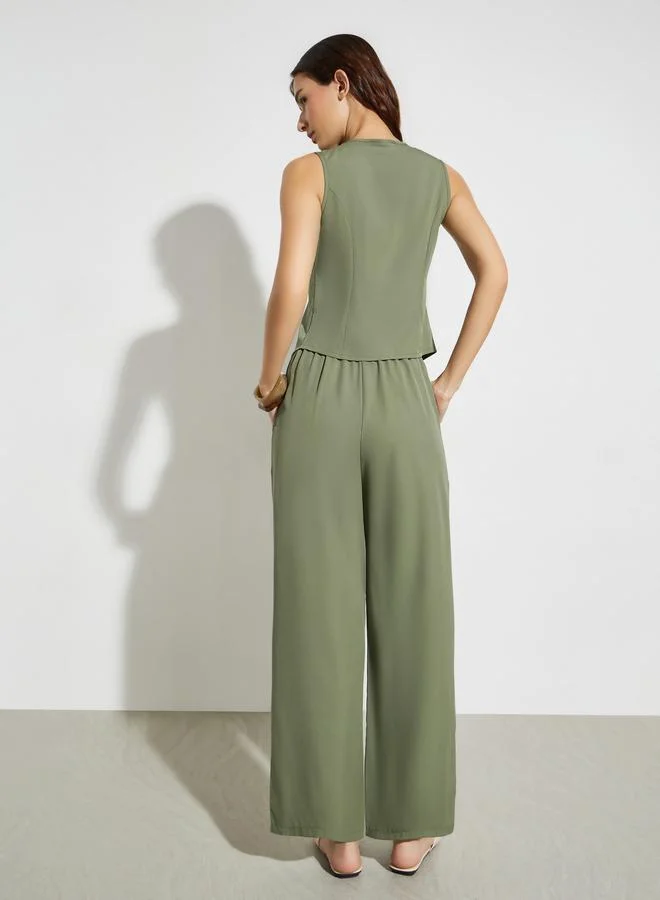 Styli Olive Olive Sleeveless Waistcoat and Wide Leg Pants Co-Ords for Women | Best Price UAE