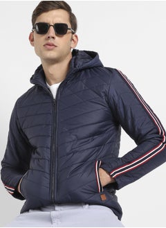 Campus Sutra Men's Dark Blue Quilted Puffer Jacket With Contrast Striped Sleeve  - Image 1