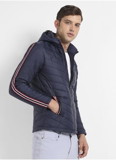 Campus Sutra Men's Dark Blue Quilted Puffer Jacket With Contrast Striped Sleeve  - Image 3