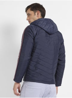 Campus Sutra Men's Dark Blue Quilted Puffer Jacket With Contrast Striped Sleeve  - Image 5