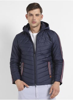 Campus Sutra Men's Dark Blue Quilted Puffer Jacket With Contrast Striped Sleeve  - Image 2