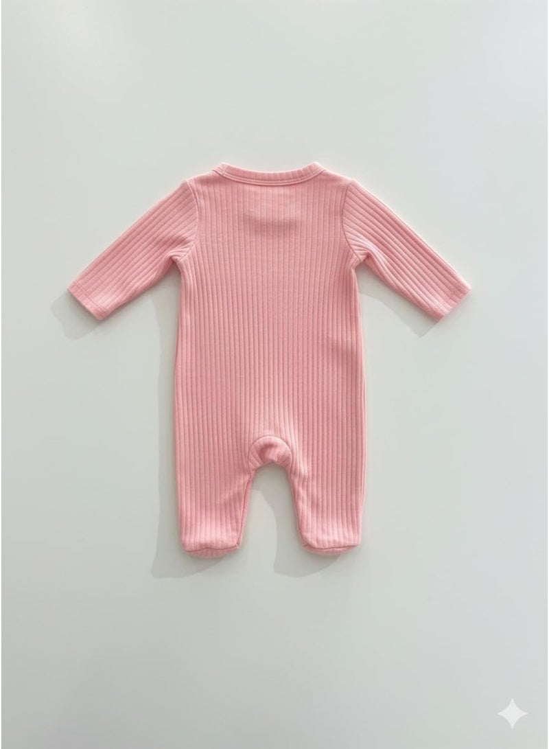 Popees Baby Girl Cotton Romper | Soft Ribbed Long Sleeve Footed Jumpsuit | Comfortable Daily Wear for Infants & Toddlers - Image 2