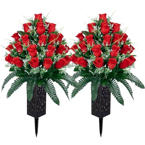 LVXINLI 2 Sets Artificial Cemetery FlowersOutdoor Grave Decorations RosesBeautiful Arrangements Bouquet with Cemetery VaseLasting and NonBleed Colors Red
