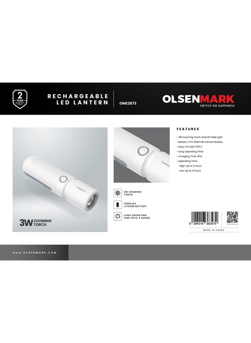 Olsenmark Rechargeable LED Lantern OME2873 | 3W Zooming Torch + LED Side Light, 3.7V 1500mAh Battery, 2 Light Modes | USB Type-C Charging, Portable Indoor & Outdoor Lantern | White, 2-Year Warranty
