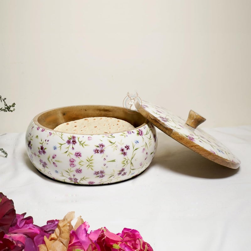 Dreams n Decor Dreams n Decor Wooden Twist Floral Printed Round Acacia Wood Chapati Box Wooden Chapati Casserole Serving Casserole Roti Casket Set of 1  - Image 3
