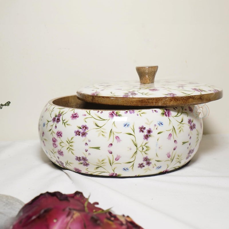 Dreams n Decor Dreams n Decor Wooden Twist Floral Printed Round Acacia Wood Chapati Box Wooden Chapati Casserole Serving Casserole Roti Casket Set of 1  - Image 2