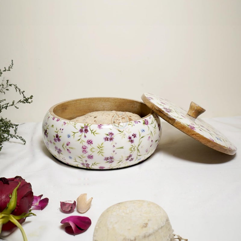 Dreams n Decor Dreams n Decor Wooden Twist Floral Printed Round Acacia Wood Chapati Box Wooden Chapati Casserole Serving Casserole Roti Casket Set of 1  - Image 5