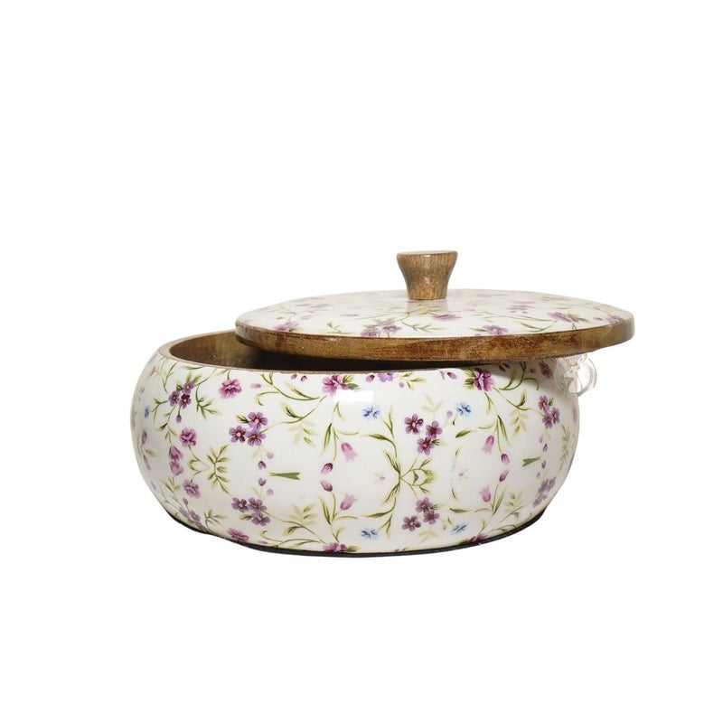 Dreams n Decor Dreams n Decor Wooden Twist Floral Printed Round Acacia Wood Chapati Box Wooden Chapati Casserole Serving Casserole Roti Casket Set of 1  - Image 1