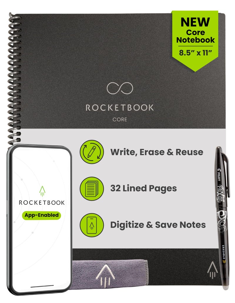 Rocketbook Core Reusable Smart Notebook, Lined Pages For School, Work and Creative Projects, Letter Size 8.5x11, Black - Premium - Image 1