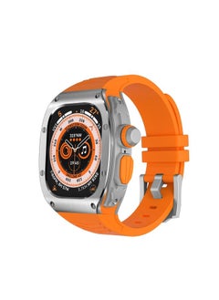 BURAQ Protective Cover For Apple Watch Ultra 49mm Armor Stainless Steel Case TPU Watch Band(Silver Orange) 