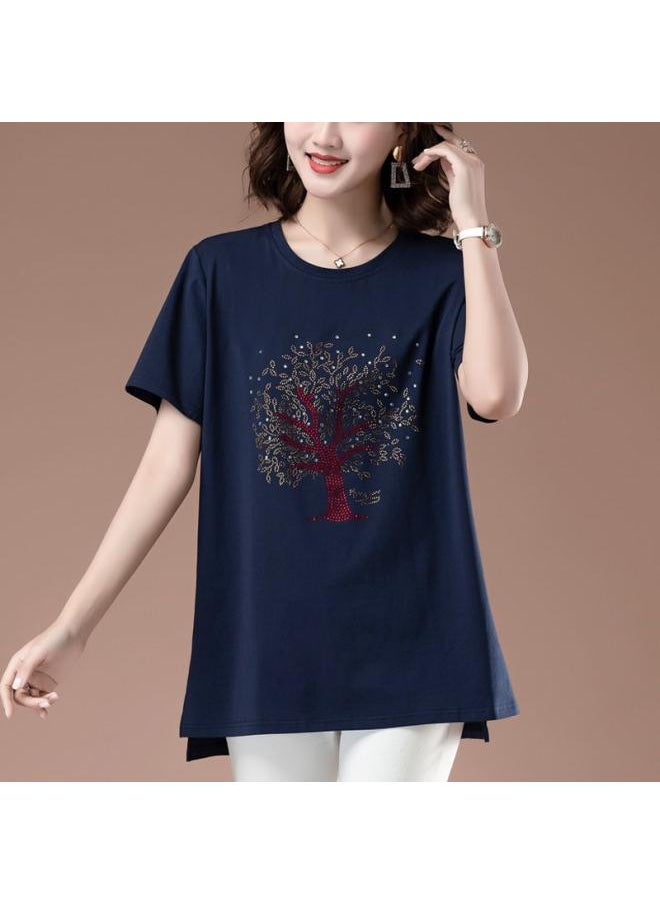 Generic - Middle-aged Mom Pure Cotton T-shirt Women's Short-sleeved Extra Large Size High-end Women's Stylish Age-reducing Top For Chubby Girls All-match - Image 1